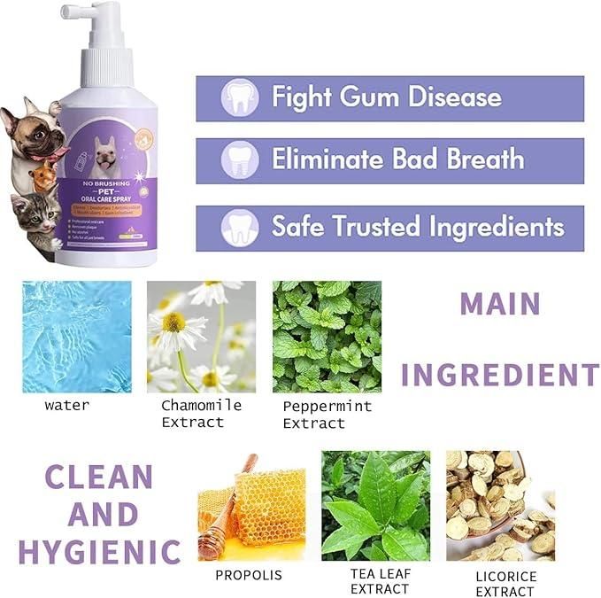 No Brushing Pet Oral Care Spray – 50ml Dental Cleaning Solution for Dogs & Cats | Freshens Breath & Reduces Tartar